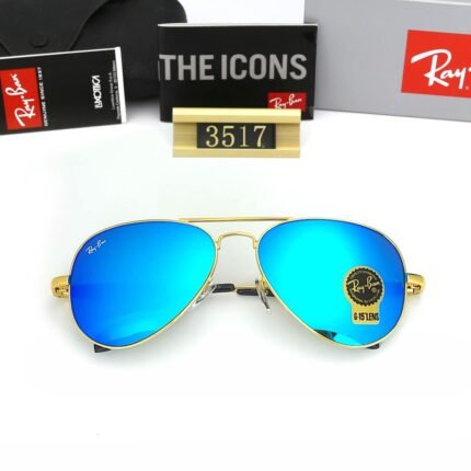 Ray Ban aviator gold and sky blue reflective sunglasses