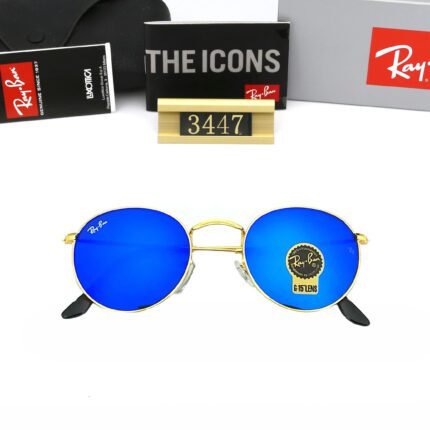 Ray Ban ROUND FLASH LENSES Gold and Blue Sunglasses available for both men and women
