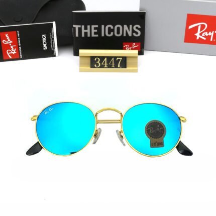 Ray Ban ROUND FLASH LENSES Gold and Sky Blue Sunglasses available for both men and women