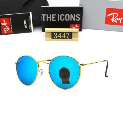 Ray Ban Round Flat Lens gold and sky blue sunglasses available for both men and women