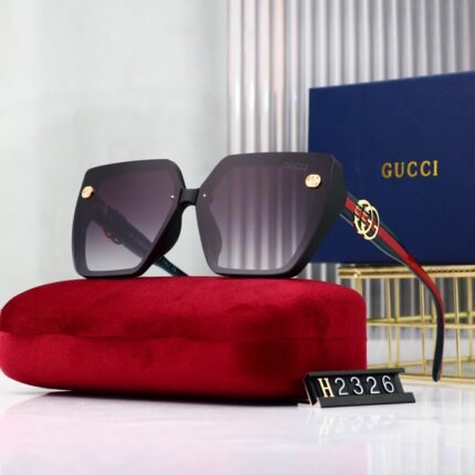 Gucci purple gradient and classic red green striped trapezoidal sunglasses