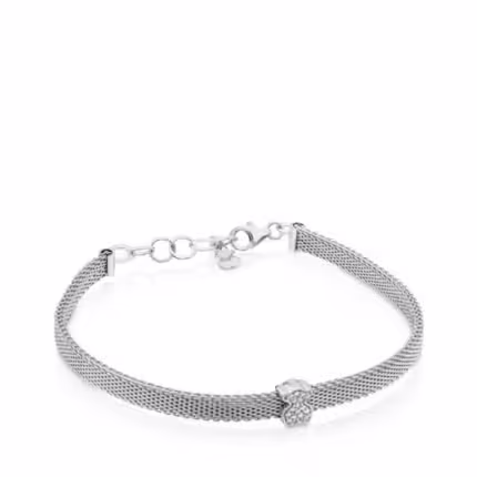 Steel and White Gold TOUS Icon Mesh Bracelet with Diamonds Bera motif 0,6cm.