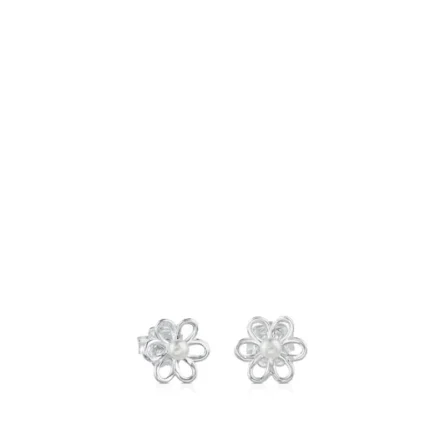Silver and 0,35cm. pearls TOUS Maggie Earrings with Flower motif